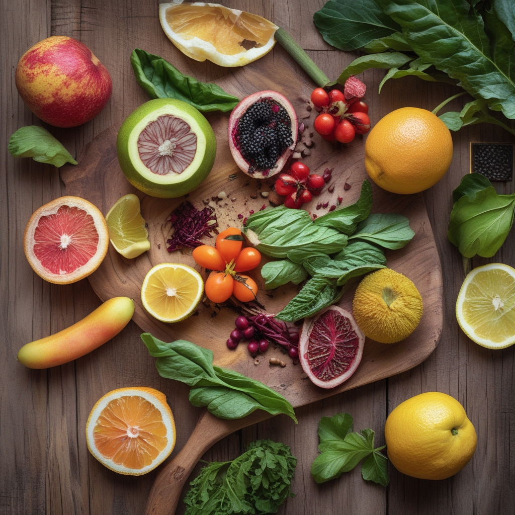 Ausbreitung von bunten, frischen Gemüse- und Obstsorten auf einem Holztisch, darunter Paprika, Brokkoli, Äpfel und Zitrusfrüchte