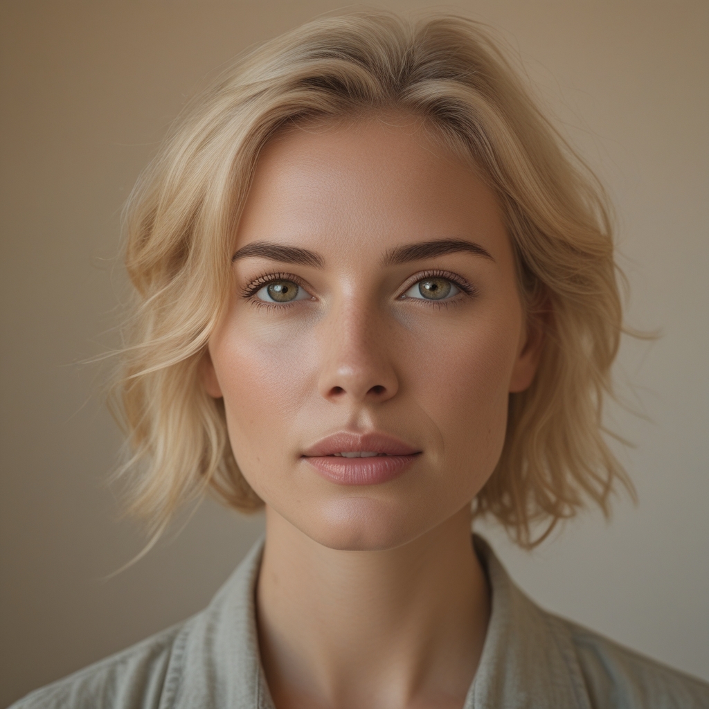 Porträt einer Frau mittleren Alters mit blonden Haaren, natürlichem Lächeln