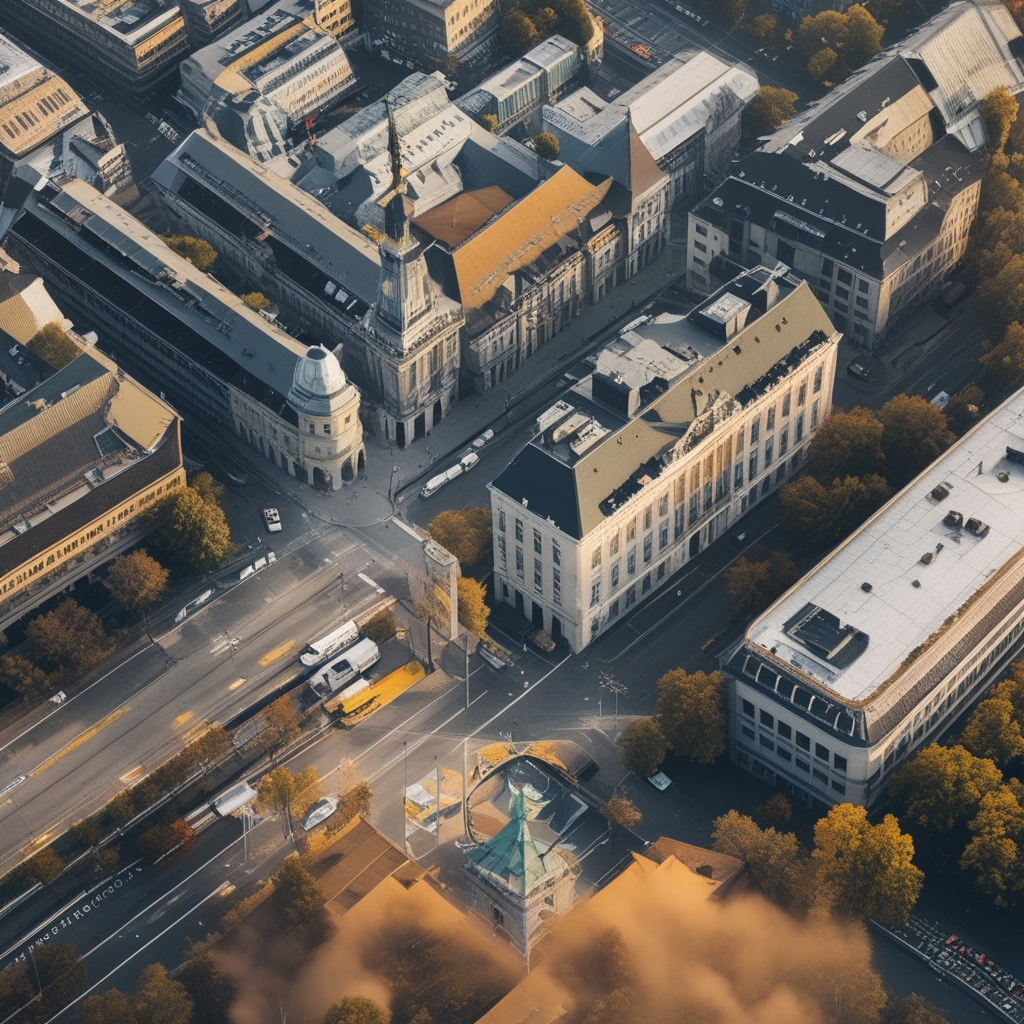 Luftaufnahme der Friedrichstraße in Berlin-Mitte mit Straßenzügen, historischen Gebäuden und modernen Bürogebäuden aus der Vogelperspektive