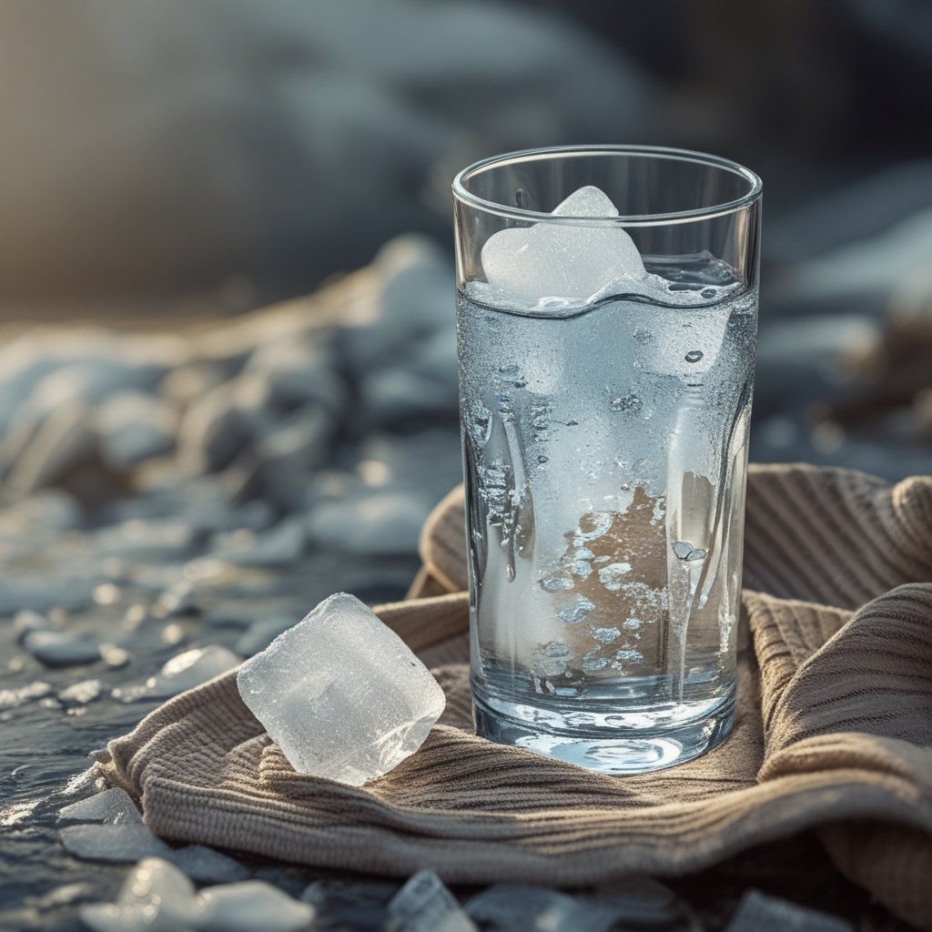 Glas mit frischem Wasser und Eiswürfeln, daneben eine Wasserflasche aus Glas auf einem Sporttuch