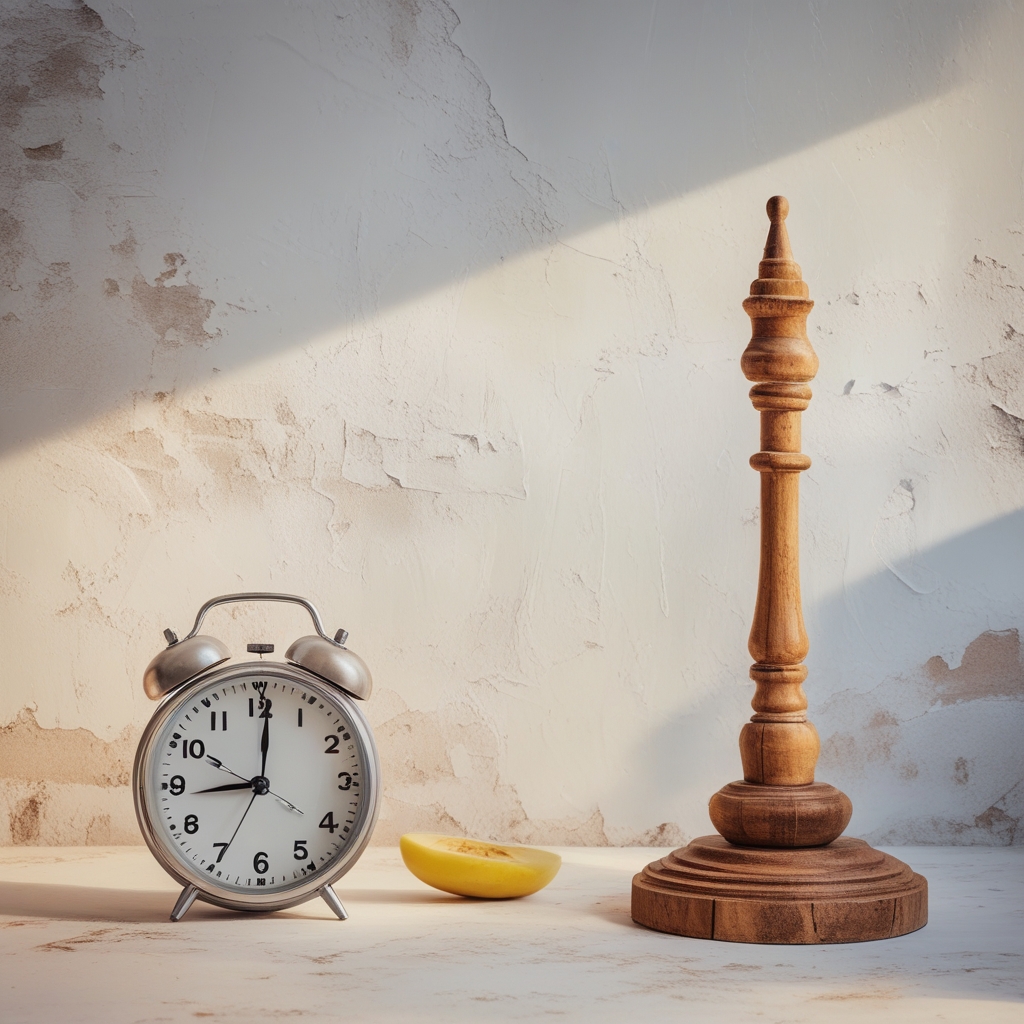 Leere weiße Teller und eine Uhr auf einem Holztisch, symbolisch für Intervallfasten und Mahlzeiten-Timing