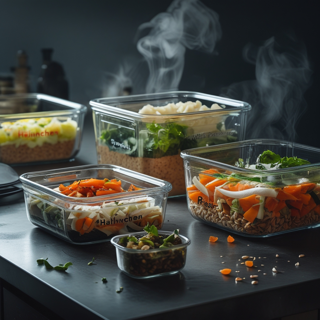 Wöchentliches Meal Prep mit mehreren Glasbehältern voller gesunder Mahlzeiten auf einer Küchentheke