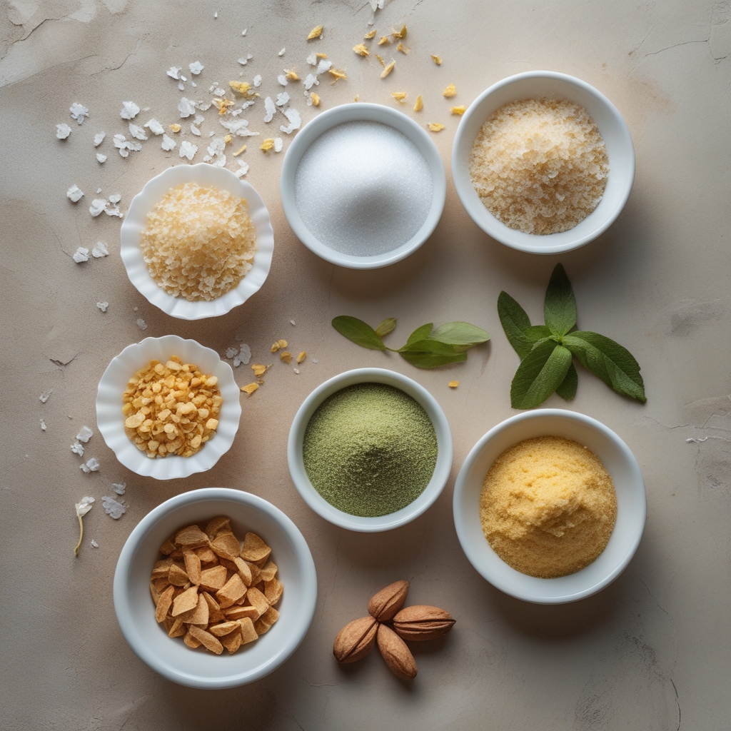 Verschiedene Zuckerarten in weißen Schüsseln: Haushaltszucker, Rohrzucker, Kokosblütenzucker und Stevia-Blätter im Vergleich