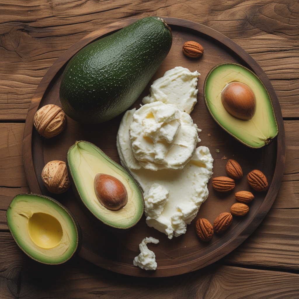 Keto-freundliche Lebensmittel wie Avocado, Eier, Käse und Nüsse auf einem dunklen Holzbrett
