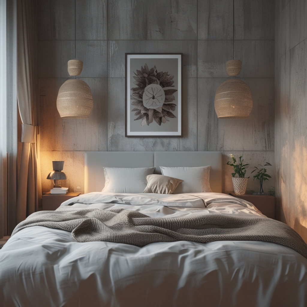 Ruhiges Schlafzimmer mit dunklen Vorhängen, Bett mit weißen Kissen – Schlaf als Gesundheitsfaktor