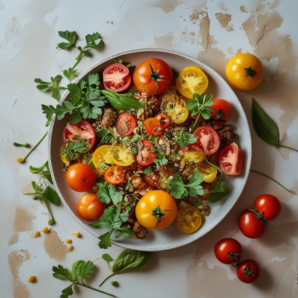 Bunt angerichteter veganer Teller mit Linsen, Kichererbsen, Tomaten und frischen Kräutern