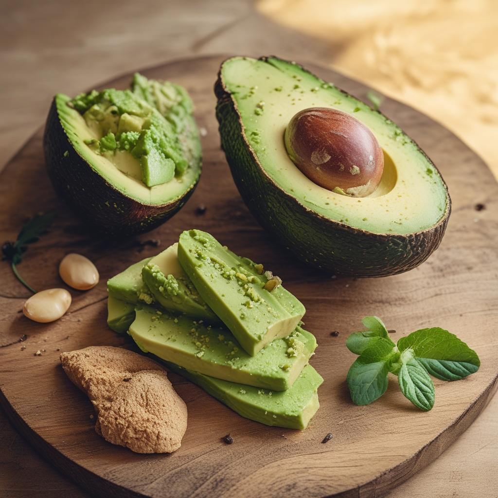 Aufgeschnittene reife Avocado auf hellem Hintergrund, cremiges grünes Inneres sichtbar