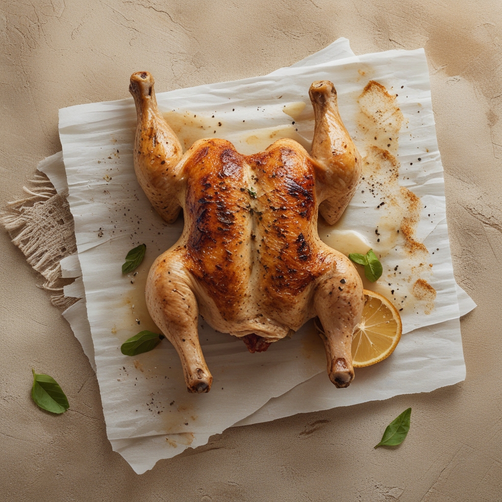 Gegrillte Hühnerbrust auf Holzbrett, saftig und goldbraun, mit frischen Kräutern garniert