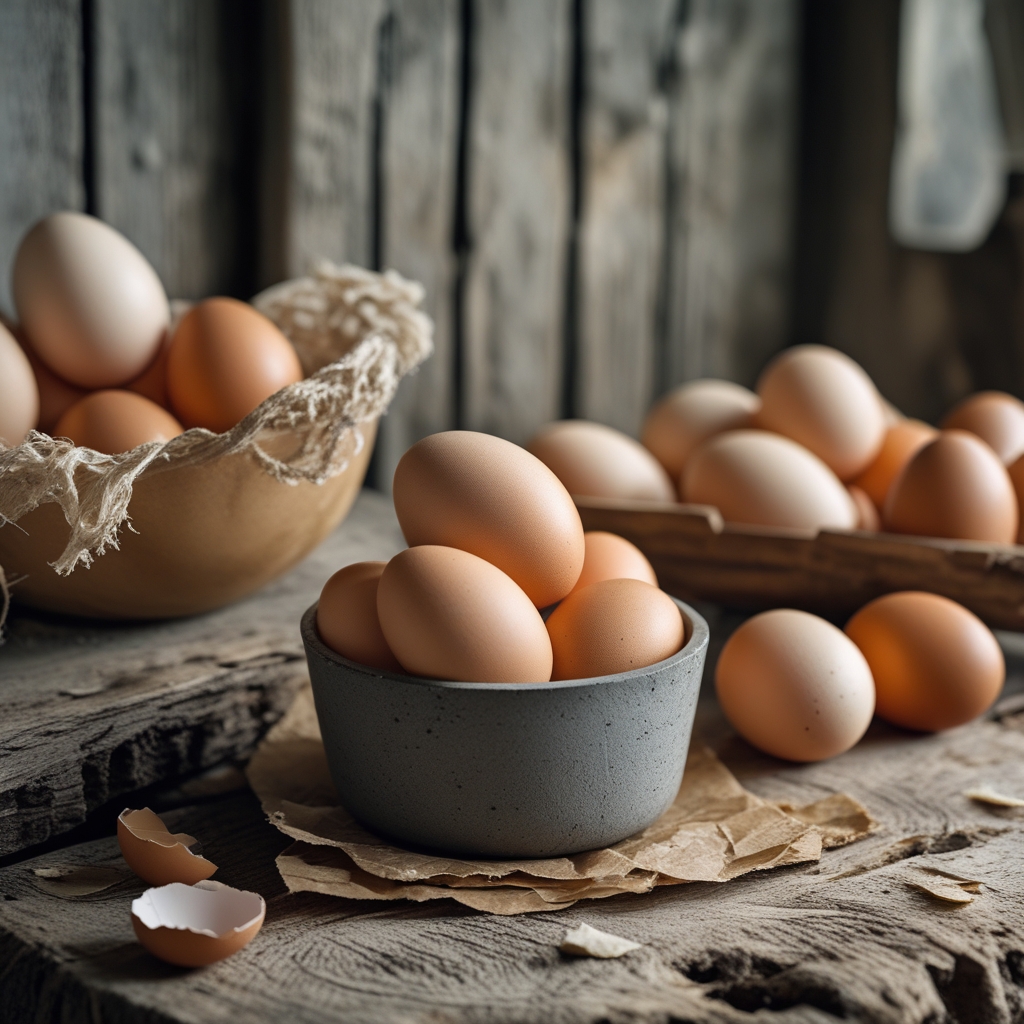 Frische Eier aus Freilandhaltung auf rustikalem Holztisch, einige aufgebrochen mit sichtbarem gelbem Eigelb