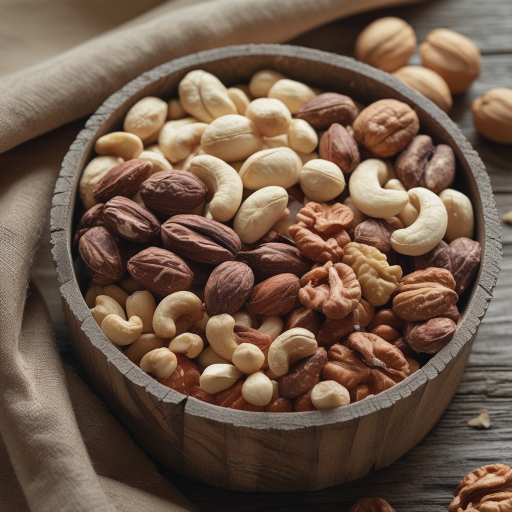 Verschiedene Nüsse und Mandeln in einer Holzschale, Walnüsse, Cashews und Haselnüsse gut sichtbar