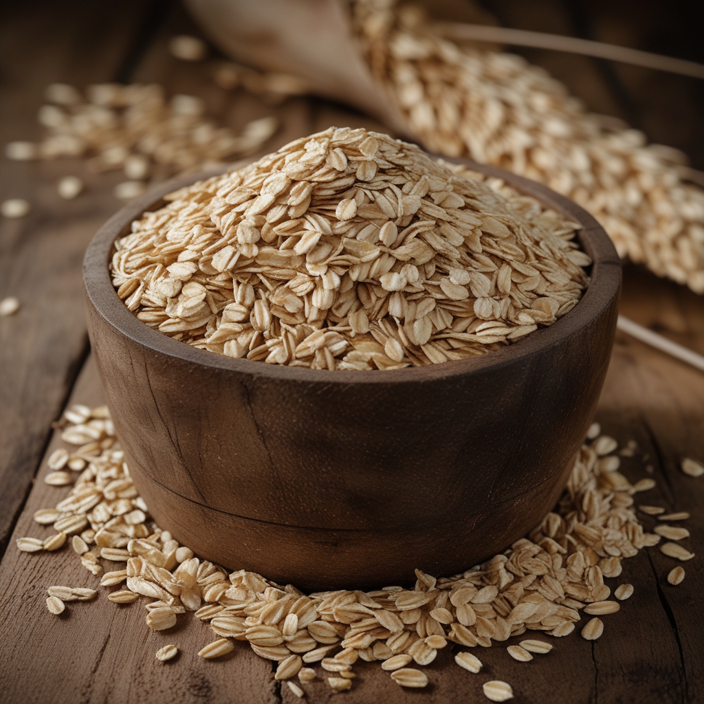 Nahaufnahme von frischen Haferflocken in einer weißen Schüssel mit Blaubeeren und Honig