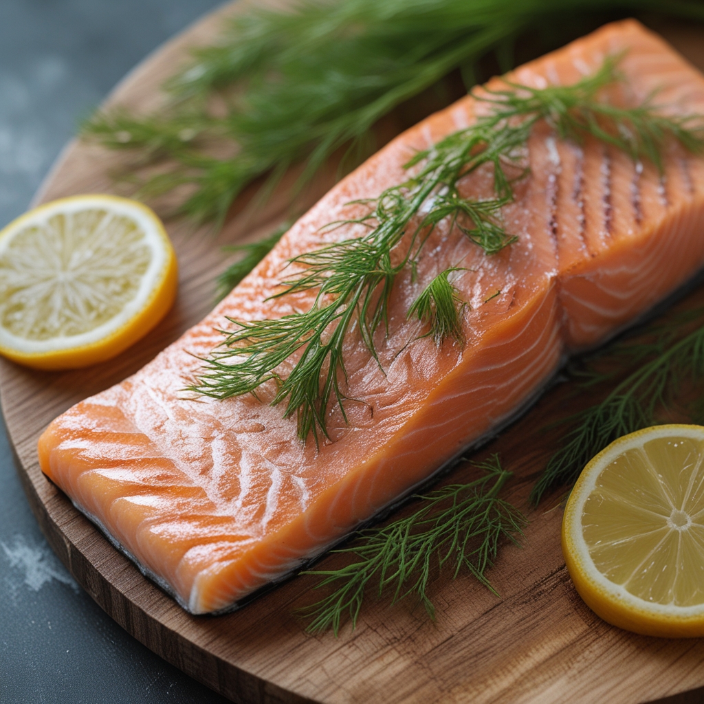 Frisches Lachsfilet auf einem Schneidebrett mit Zitronenscheiben und Dill, rosa Fleisch gut sichtbar