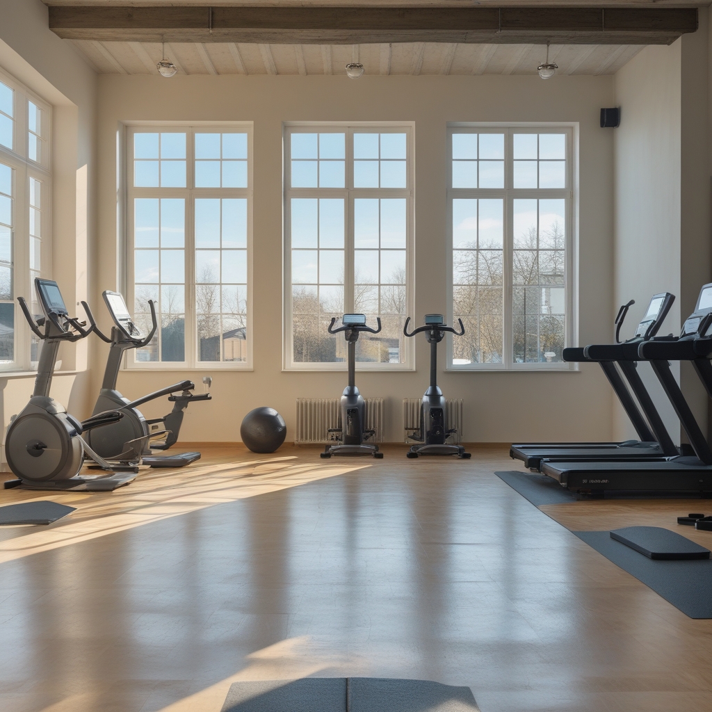 Modernes Fitness-Studio mit Hanteln, Trainingsgeräten und großen Fenstern mit Tageslicht in Berlin