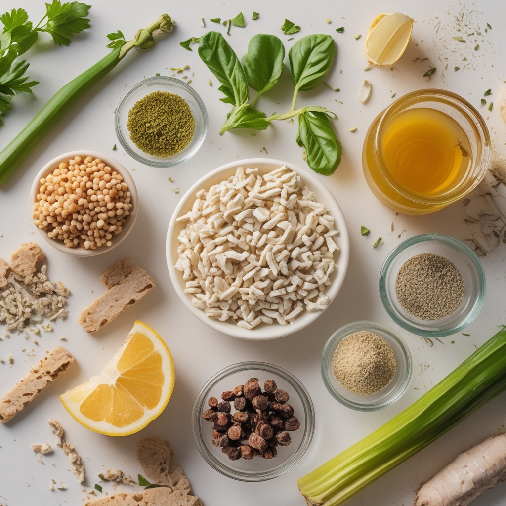 Übersichtliche Anordnung von Lebensmitteln nach Makronährstoffen: Proteinquellen links, Kohlenhydrate Mitte, Fette rechts auf weißem Hintergrund