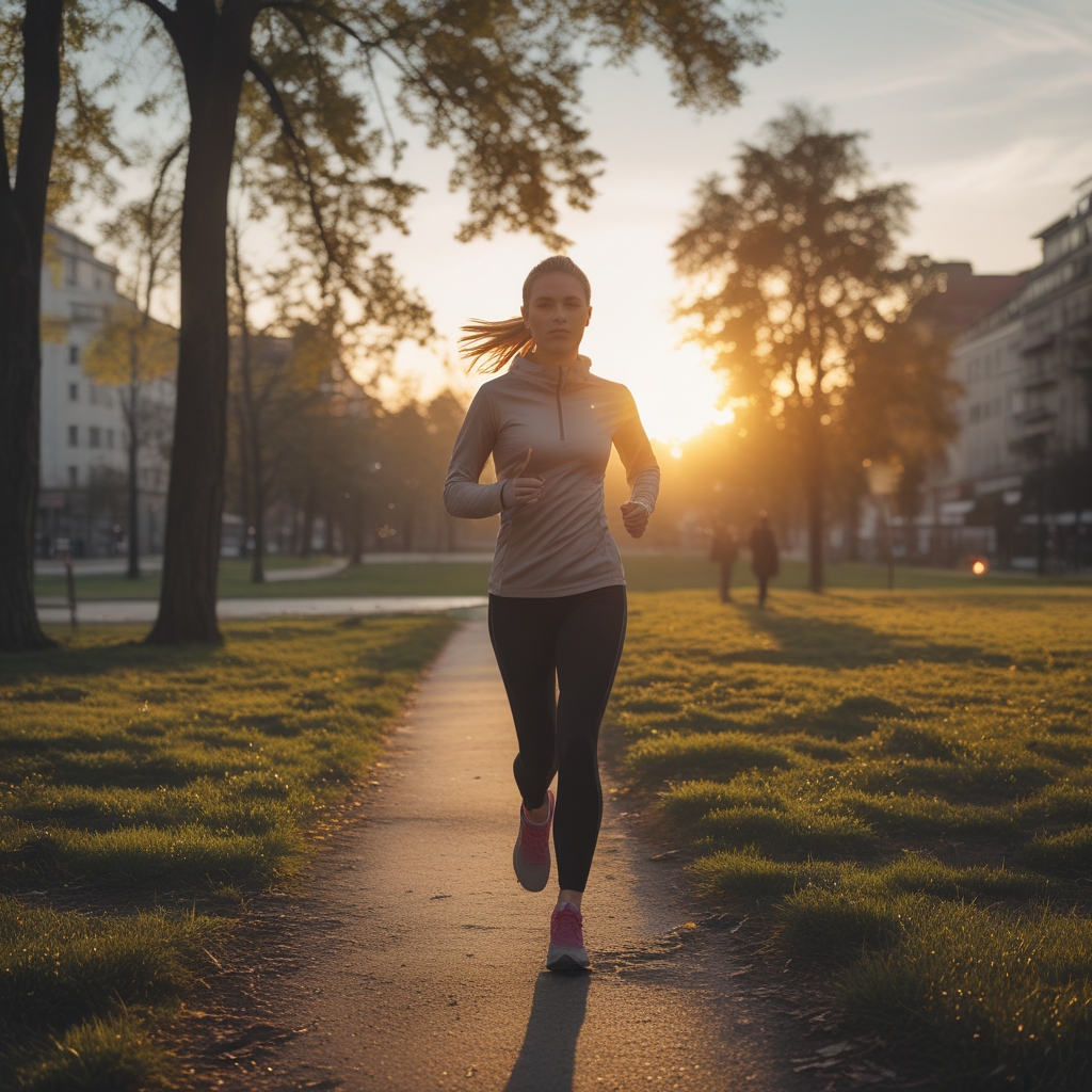 Läuferin in moderner Sportkleidung joggt durch einen Stadtpark in Berlin bei Sonnenaufgang