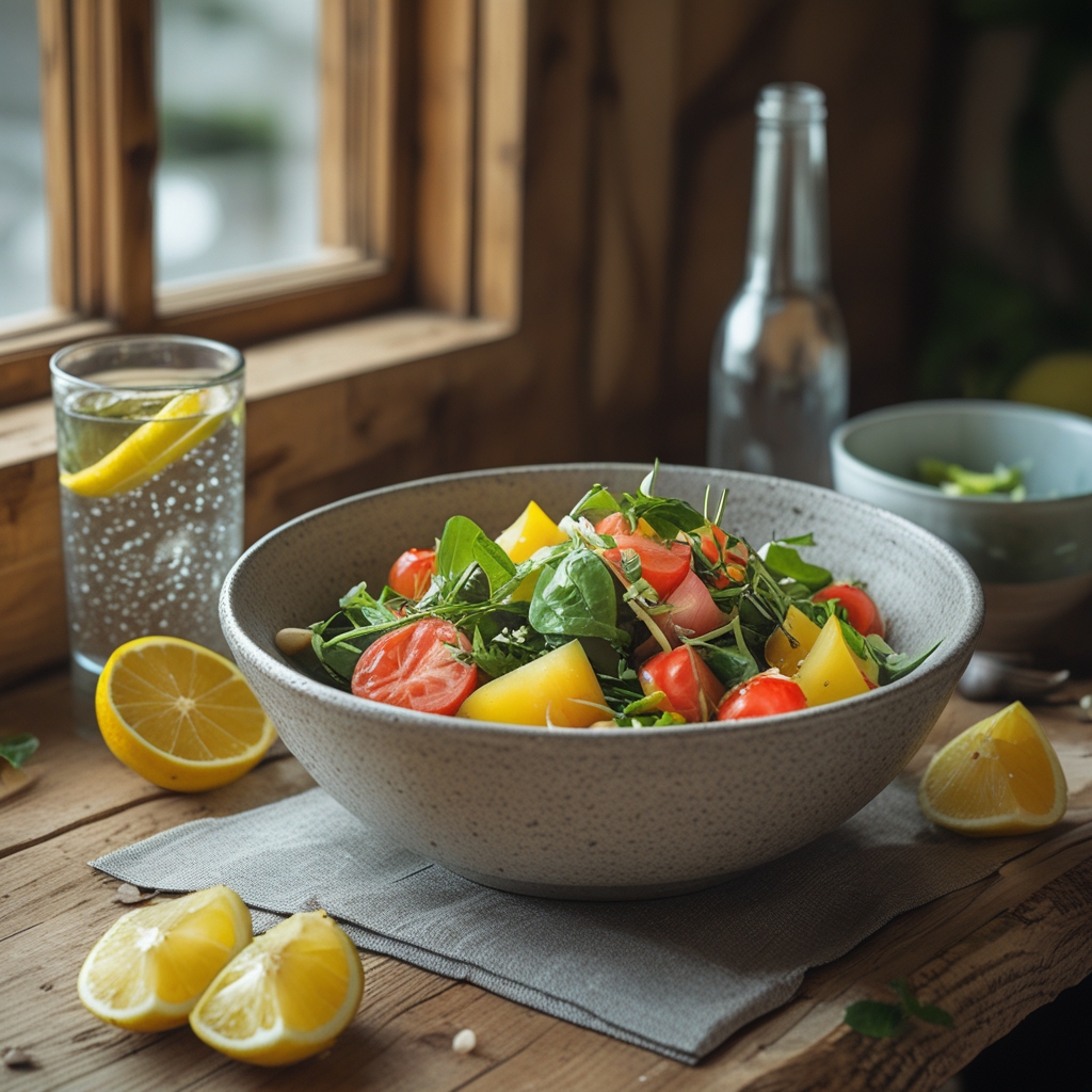 Gesunder bunter Salatbowl mit frischen Zutaten auf einem Holztisch, daneben ein Glas Wasser mit Zitrone
