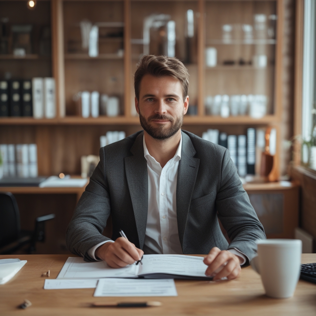 Dr. Andreas Müller, Ernährungswissenschaftler, kurzes dunkelblondes Haar, professionelles Porträtfoto im Büro
