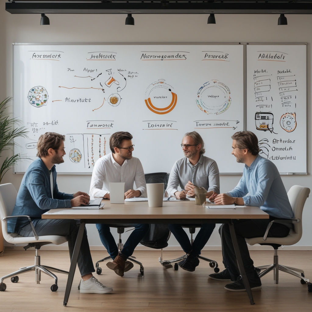 Modernes helles Büro in Berlin mit einem Team, das an einem großen Tisch zusammenarbeitet, Whiteboards mit Ernährungsdiagrammen im Hintergrund