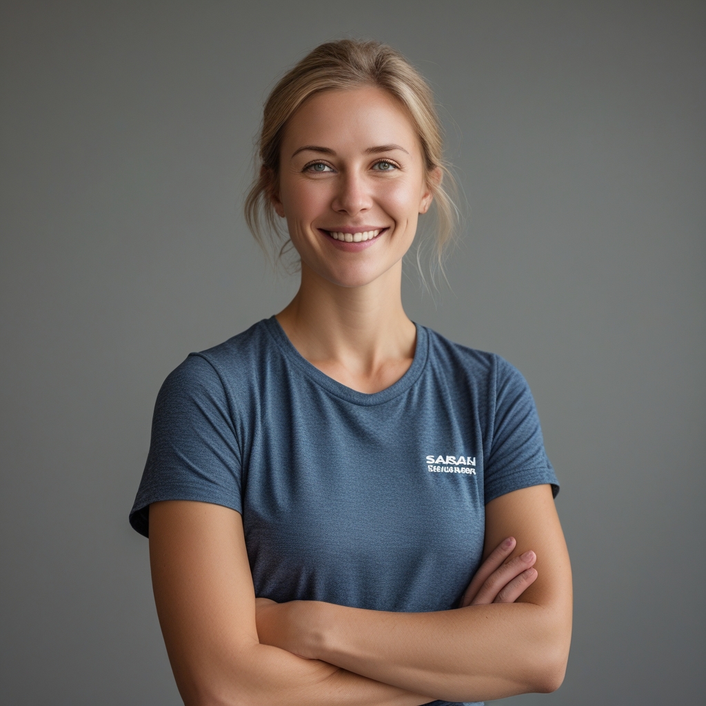 Sarah Krämer, Sporternährungsexpertin, sportliches Erscheinungsbild, Porträtfoto mit freundlichem Lächeln