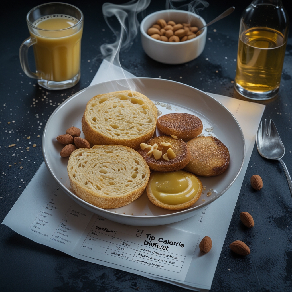 Gesundes Frühstück mit Haferbrei, Beeren und Nüssen auf einem weißen Tisch mit einer Kalorienliste daneben