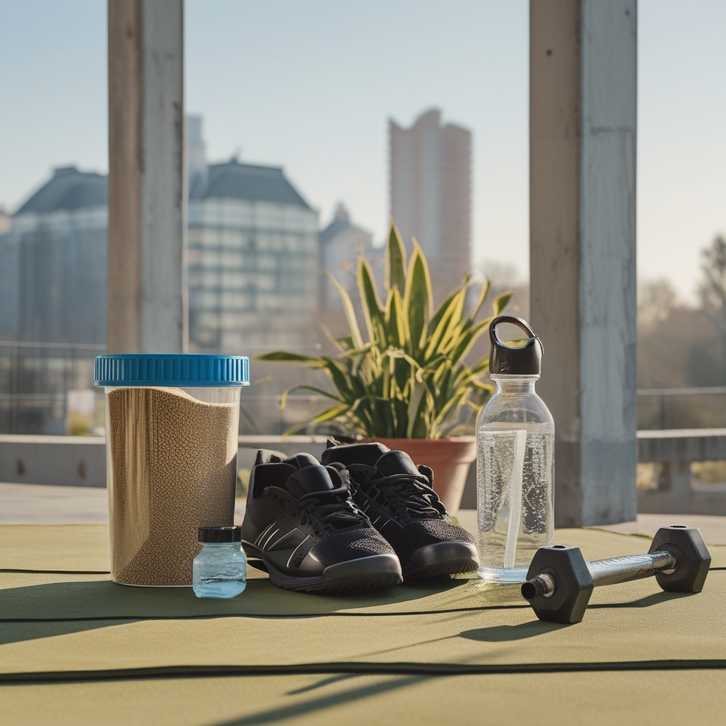 Offener Behälter mit Kreatin-Pulver neben Trainingshandschuhen und einer Wasserflasche auf einer Fitnessbank