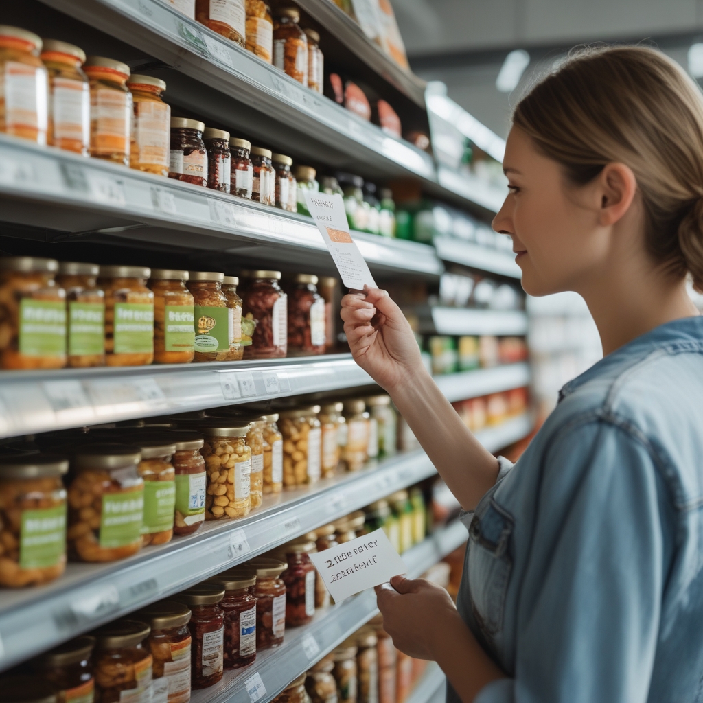 Person liest Nährwertkennzeichnung auf einer Lebensmittelverpackung im Supermarkt, Fokus auf Zuckerwert