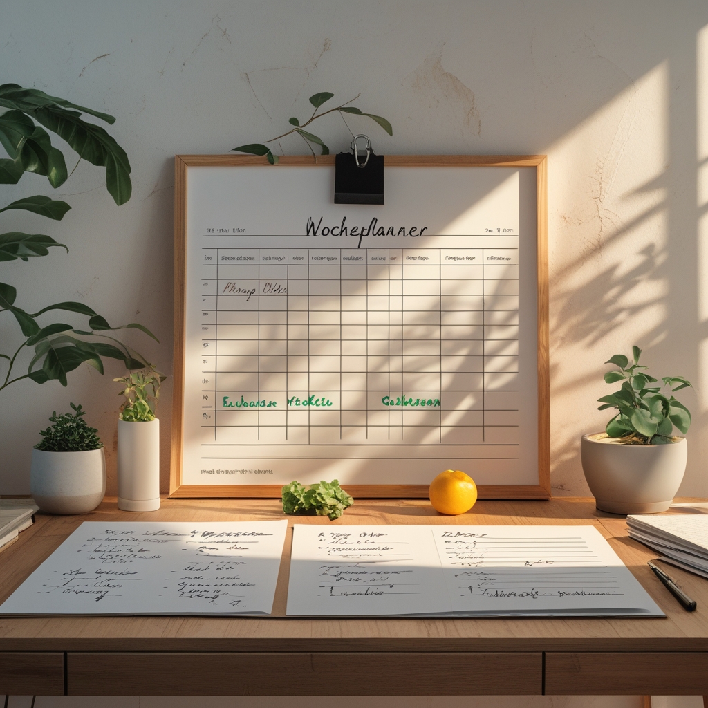 Wochenplaner auf einem Schreibtisch mit handgeschriebenen Mahlzeiten, daneben frische Zutaten und Einkaufszettel