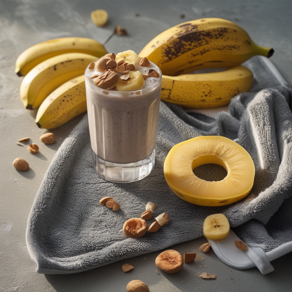 Post-Workout-Mahlzeit mit Protein-Shake, Banane und Nüssen auf einem Sporttuch nach dem Training
