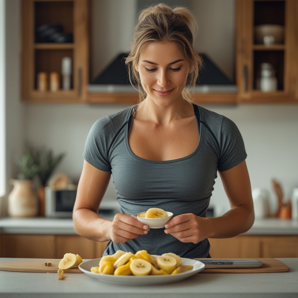 Sportler bereitet Pre-Workout-Mahlzeit mit Banane und Haferflocken in der Küche vor, Sporttasche im Hintergrund