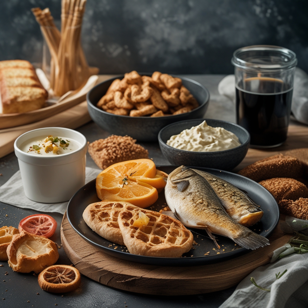 Auswahl proteinreicher Lebensmittel: Hühnerbrust, Thunfisch, griechischer Joghurt, Linsen und Eier nebeneinander