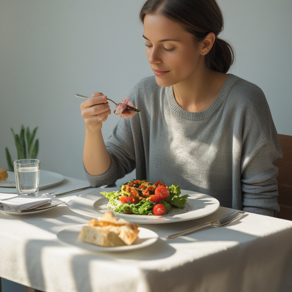Person isst langsam eine Mahlzeit mit Besteck an einem gedeckten Tisch, genießerische Haltung, natürliches Licht