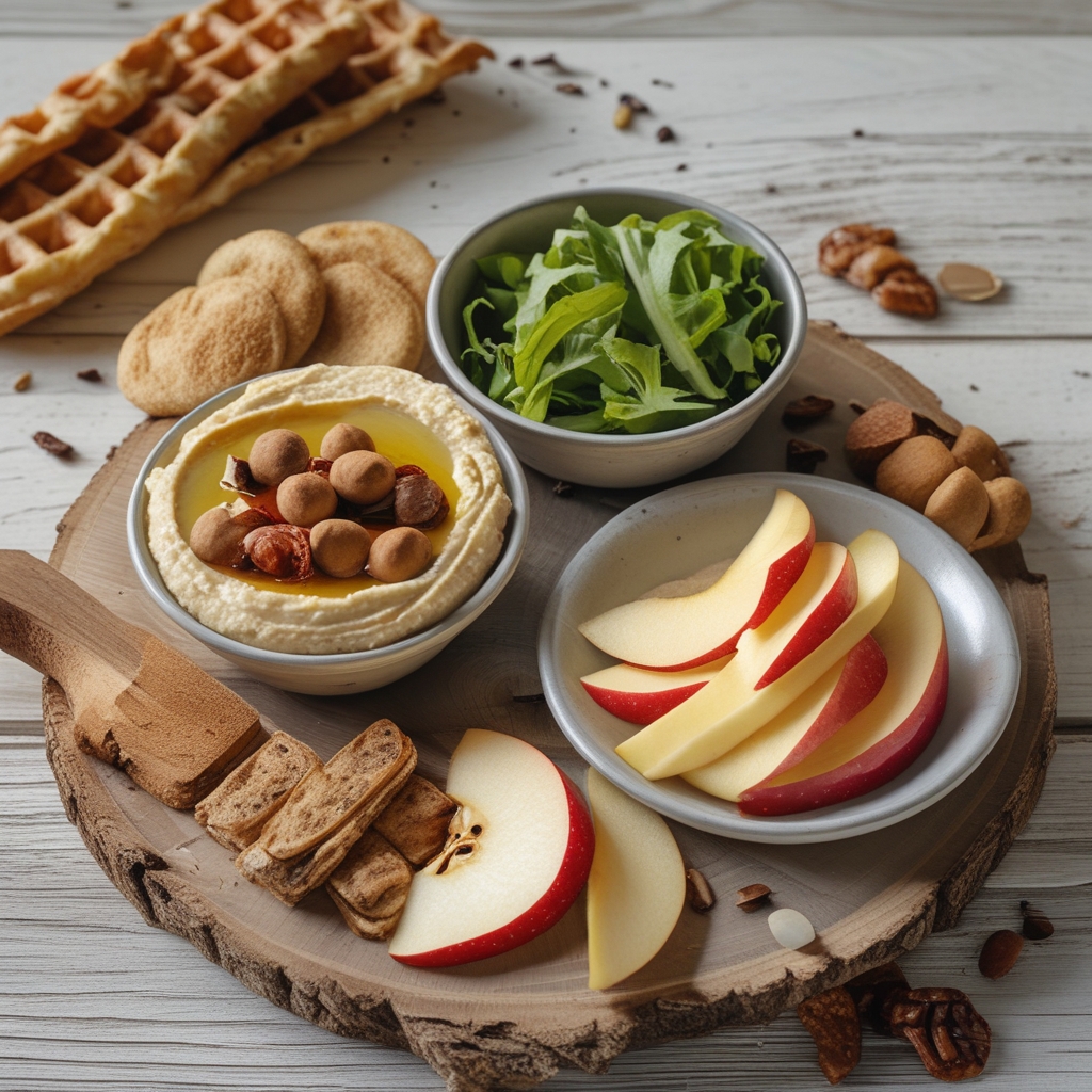 Gesunde Snacks auf einem Holzbrett: Reiswaffeln, Möhrensticks, Hummus, Apfelscheiben und eine Handvoll Mandeln