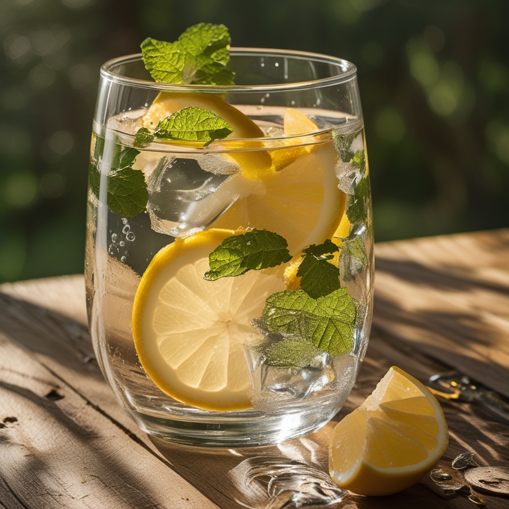 Glas Wasser mit Zitronenscheiben und frischer Minze auf einem Holztisch im Sonnenlicht